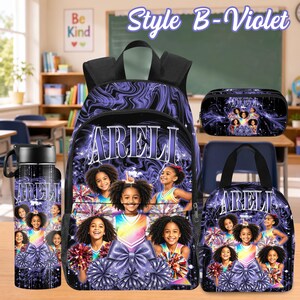 Custom Photo Kids Backpack Set, Personalized School Bag, Lunch Bag & Pencil Case Style B-Violet