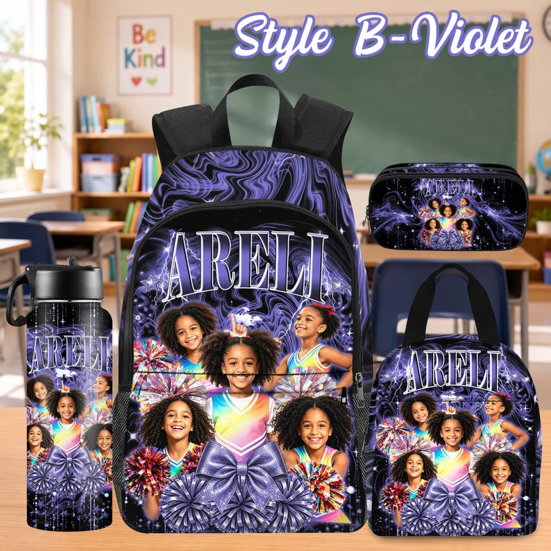 Custom Photo Kids Backpack Set, Personalized School Bag, Lunch Bag & Pencil Case Style B-Violet