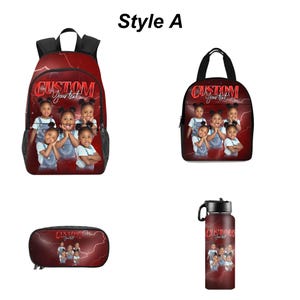 May include: A set of custom red school supplies, including a backpack, lunch bag, pencil case, and water bottle. Each item features a photo of children and the text "CUSTOM Your text". The background has a lightning bolt design.