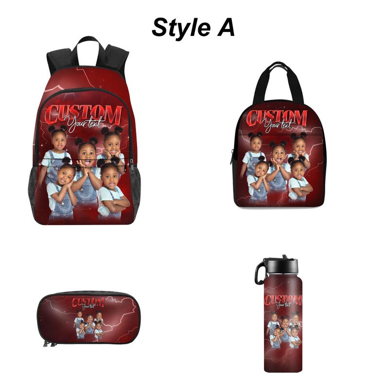 May include: A set of custom red school supplies, including a backpack, lunch bag, pencil case, and water bottle. Each item features a photo of children and the text "CUSTOM Your text". The background has a lightning bolt design.