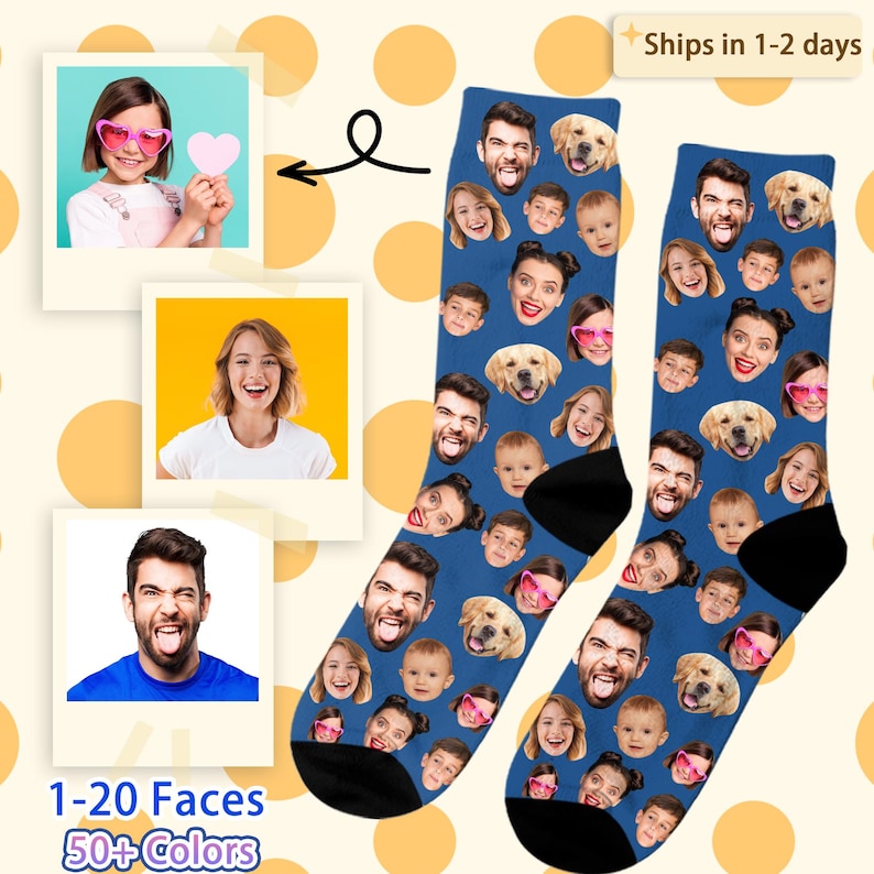 May include: A pair of blue crew socks featuring a repeating pattern of various human faces and a golden retriever dog. The faces include individuals with different expressions, some wearing pink heart-shaped glasses, printed across the fabric.