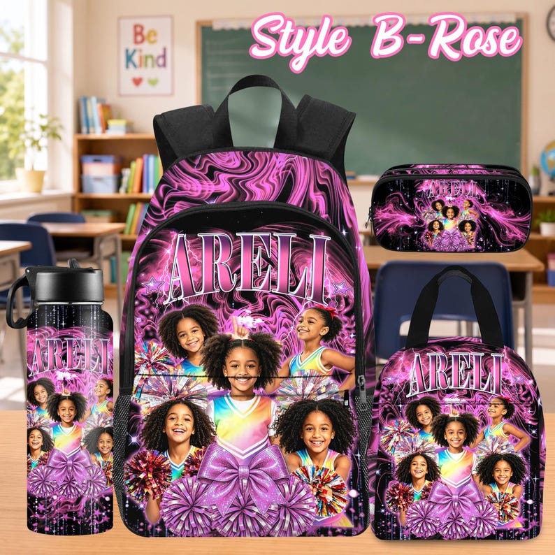 Custom Photo Kids Backpack Set, Personalized School Bag, Lunch Bag & Pencil Case Style B-Rose