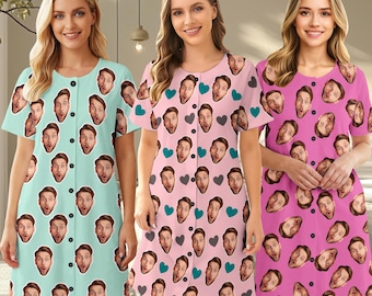 Personalized Face Pajama Dress, Custom Funny Photo Nightgown, Monther's Day Gift