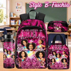 Custom Photo Kids Backpack Set, Personalized School Bag, Lunch Bag & Pencil Case Style B-Fuschia