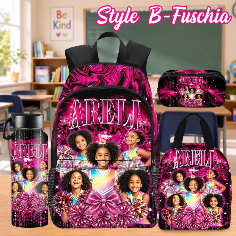 Custom Photo Kids Backpack Set, Personalized School Bag, Lunch Bag & Pencil Case Style B-Fuschia