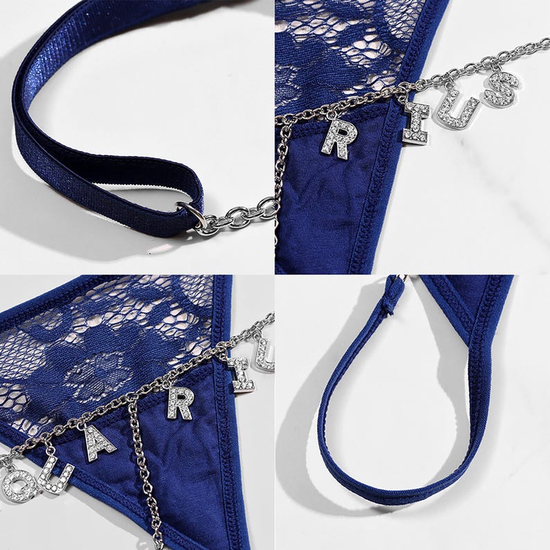 May include: Blue lace lingerie with a silver chain and charms that spell out "AQUARIUS".