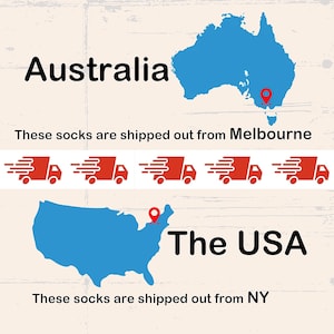 May include: A graphic showing a blue map of Australia with a red location pin over Melbourne and the text Australia and These socks are shipped out from Melbourne. Below are five red truck icons and a blue map of the USA with a red pin over NY.