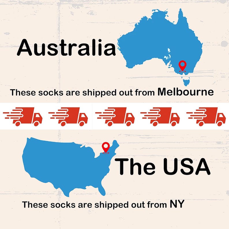 May include: A graphic showing a blue map of Australia with a red location pin over Melbourne and the text Australia and These socks are shipped out from Melbourne. Below are five red truck icons and a blue map of the USA with a red pin over NY.