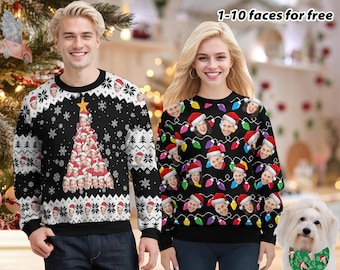 May include: Two black crewneck sweatshirts featuring custom photo prints. One displays a Christmas tree pattern made of faces, the other a string of colorful holiday lights with faces. A white dog wears a matching green bandana with face prints.