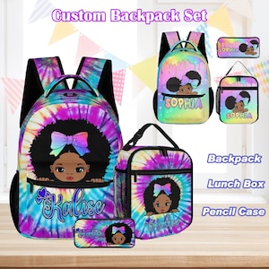 Custom Afro Black Girl Backpack,Personalized Lunch Bag with Name,Pencil Pouch,Name on Black Girl School Bag,Back to School Gifts for Kids