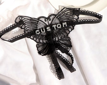 Personalized Lace Thong: Custom Name Charm, Silver Crystal Letter
