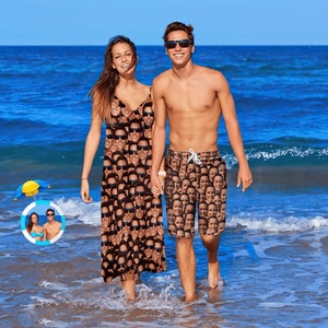 Custom Face Couple Matching Swimsuit, Custom Photo Men&#39;s Swim Trunks, Personalized Women Cover up Beach Dress Bathing Suit, Beach Party Gift