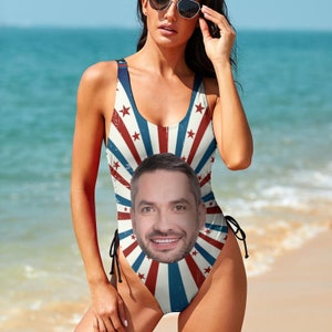 Custom Sexy Swimsuit with Face, Personalized American Flag Swimwear with Photo, Customize Bathing Suit with Photo, Picture Print Swimwear