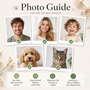 May include: A photo guide infographic titled Photo Guide Tips for the Best Results, featuring five square photos of a man, a woman, a child, a dog, and a cat, each marked with a green checkmark. Below are four icons with text: Use clear, high-resolution photos, Good natural lighting works best, Make sure the full face is visible, and Avoid blur, heavy shadows, and cropped faces.