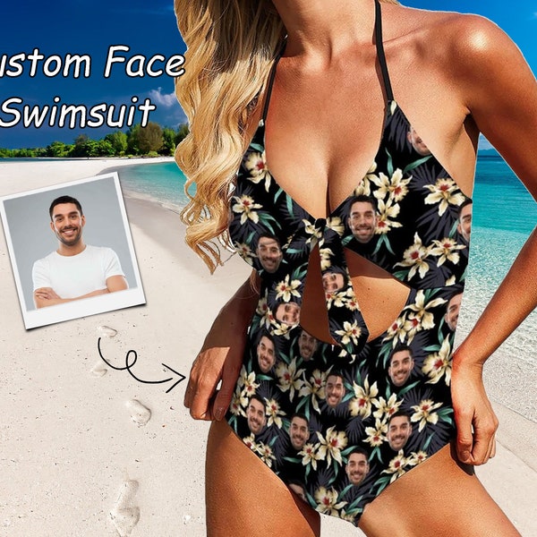 Custom Face Women's Backless Bow One Piece Swimsuit Bathing Suit Personalized Leaves Flowers Swimwear For Women Wife