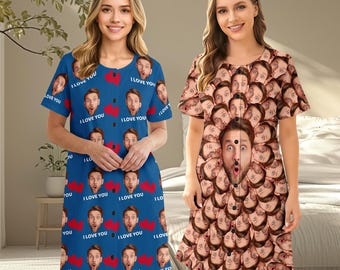 Personalized Photo Pajama Dress, Custom Face Nightgown for Women,Bachelorette Party Gift