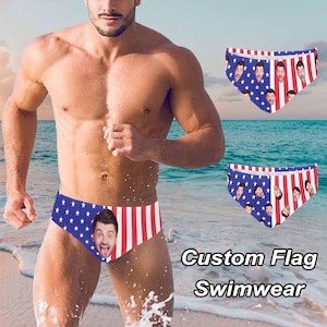 Custom Flag Swim Briefs with Face,Personalized Face Man Swimsuit,Custom Men Swim Briefs,Independence Day Gift for Him,American Flag Swimsuit