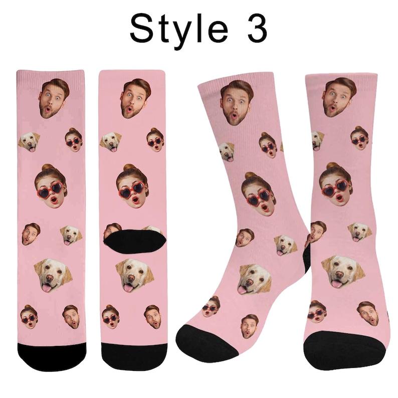 May include: Light pink crew socks featuring a repeating pattern of a man's face, a woman's face wearing heart-shaped sunglasses, and a golden retriever dog's face. The socks have black toe and heel sections. The text Style 3 appears at the top.