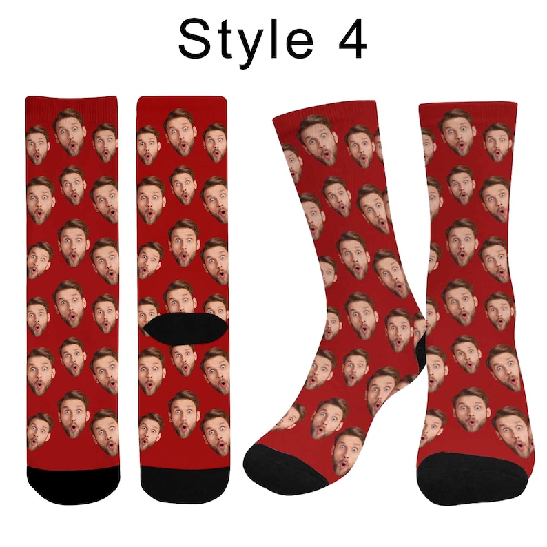 May include: A pair of crew socks with a red background featuring a repeating pattern of a man's face with a surprised expression. The text 'Style 4' is printed in black at the top center of the image above the socks.