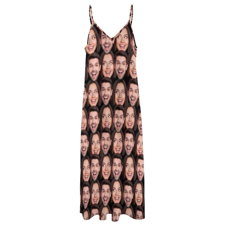 May include: A black sleeveless dress with a repeating pattern of faces. The faces are of a man and a woman, and they are all smiling.