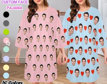 Custom Face Pajama Dress, Personalized Photo Nightgown, Gift for Her