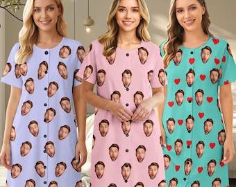 Custom Face Pajama Dress, Personalized Photo Women Nightgown, Gift for Mom Wife