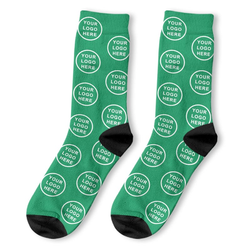 May include: A pair of green socks with a white circle pattern that says "YOUR LOGO HERE" repeated throughout the socks.