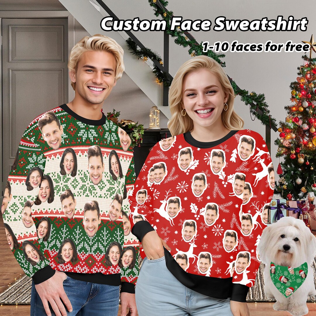 Pull de Noël moche en famille personnalisé avec visage, pull moche - Main Image