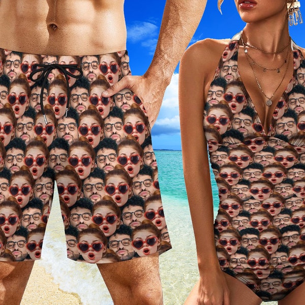Custom Face Couple Swimwear,Personalized Photo Bathing Suit,Custom Swimsuit,One Piece Swimsuit,Men Beach Shorts,Swim Trunk,Father's Day Gift
