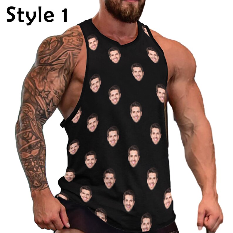May include: A black tank top with a repeating pattern of a man's face. The text "Style 1" is visible in the top left corner of the image.
