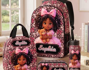 May include: A backpack, lunch bag, pencil case, and water bottle set featuring a pink leopard and bow print. Each item displays a cartoon illustration of a girl with dark curly hair, a pink dress, and a teddy bear, with the name Sophia printed.