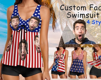 Costume da bagno personalizzato con viso, costume da bagno fotografico personalizzato, costume da bagno design bandiera americana, costume da bagno viso personalizzato, regali per feste in spiaggia, regalo per lei