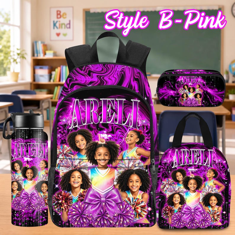 Custom Photo Kids Backpack Set, Personalized School Bag, Lunch Bag & Pencil Case Style B-Pink