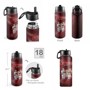 May include: A maroon insulated water bottle with a black lid and handle. The bottle features a custom design with a photo and the text "CUSTOM Your text". It holds 18 oz and is 8.5 inches tall. Includes a flip-up straw.