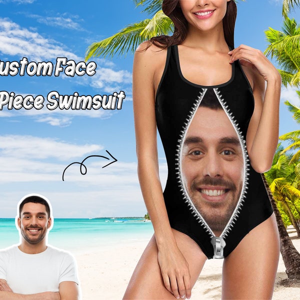 Custom Men Face Swimming Suit Personalized Zipper Women's One Piece Tank Top Bathing Suit Swimwear for Wife Women Valentine's Day Gift