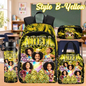 Custom Photo Kids Backpack Set, Personalized School Bag, Lunch Bag & Pencil Case Style B-Yellow
