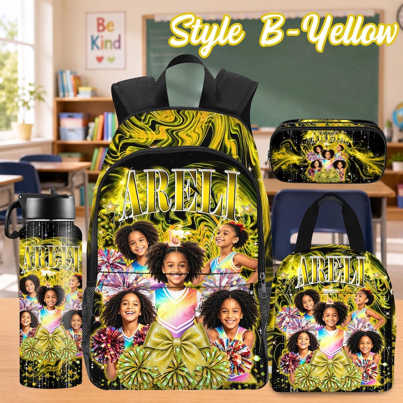 Custom Photo Kids Backpack Set, Personalized School Bag, Lunch Bag & Pencil Case Style B-Yellow