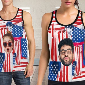 Custom Face US Flag Tank Tops, Personalized Photo Couple Tank, Custom Picture Sleeveless Shirt, Custom Tank for Women/Men,Father&#39;s Day Gifts