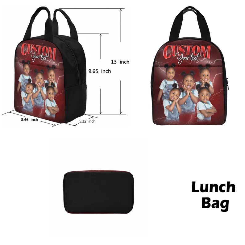 May include: Black lunch bag with a custom design. The bag features a photo of six children in denim overalls on a red background. The text "CUSTOM Your text" is printed on the top. The bag is 13 inches tall, 8.46 inches wide, and 5.12 inches deep.