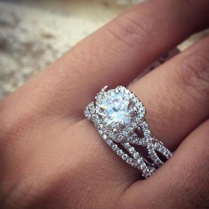 Twisted Shank Engagement Ring Set, 2.33 CT Round Cut Moissanite Halo With Infinity Wedding Ring Set, Moissanite Bridal Set, Halo Ring Set