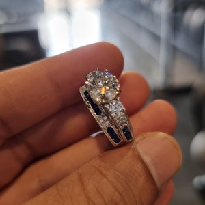 Art Deco Moissanite Engagement Ring Set: Blue Sapphire Sterling Silver