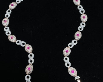 Love infinity Knots Chunky Round Pink & Moissanite Studded Necklace 22" Inch in 925 Sterling Silver, Unique Necklace, Bridal Gift Necklace