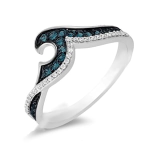 Enchanted Disney Ring, Fine Jewelry, 935 Aregtnium Silver Ring, 0.85 CT Blue and White Lab Diamond Ring, Moana Wave Ring, Promise Gift Ring