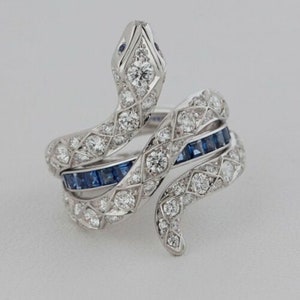 Handmade Sterling Silver Sapphire Snake Ring: Lab Diamond Serpent