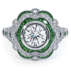 Vintage Art Deco Moissanite Engagement Ring: Green Emerald, 14K White Gold