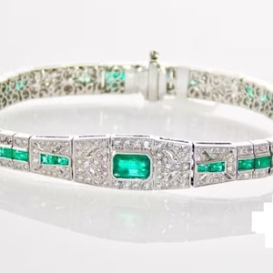 Art Deco Bracelet, 5.70 Carat Green Emerald and Lab Diamond Bracelet, Bracelet For Women&#39;s Gift, Bridal Bracelet, Anniversary Gift Bracelets