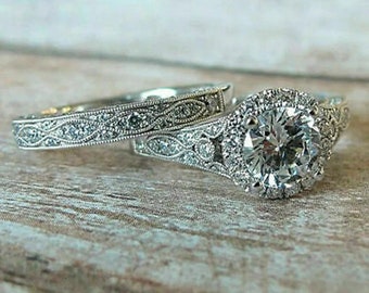 Art Deco Moissanite Engagement Ring Set: 935 Argentium Silver Bridal Jewelry