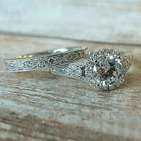 Antique Edwardian Ring Set, 2.00 Ct Round Cut Moissanite Ring, Art Deco Bridal Set, Vintage Retro Engagement Ring Set, 935 Argentium Silver
