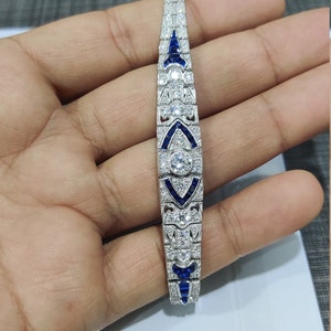 Art-Deco-Armband, 5 Ct Weiß & Blau Rundschliff Diamant Armband aus massivem 925 Sterling Silber, Art-Deco-Moissanit und Saphir Armband Neu