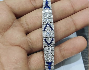 Art Deco Bracelet, 5 Ct White & Blue Round Cut Diamond Bracelet In Solid 925 Sterling Silver, Art Deco Moissanite and Sapphire Bracelet New